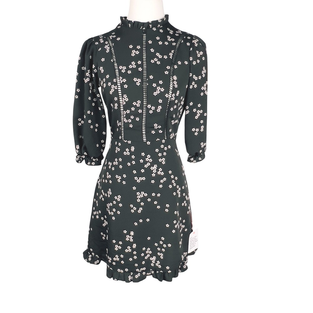 ASOS Design Mini Dress Star Print Ladder Ruffle Trim 1/2 Sleeve Mock Neck Size 2